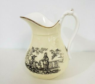 Vintage Japanese Aisan Ceramic Pitcher With Domestic Scene Cooking Cream Black