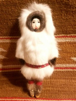 Old Vintage Eskimo Souvenir Doll Celuloid Or Ivory Face & Rabbit Fur Hand Sewn