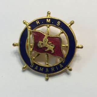 1930s Rms Samaria Ship Badge Pin Cunard Souvenir Brass Enamel 1 1/8” Ship Wheel