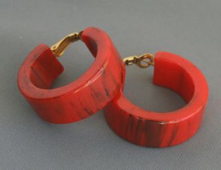 Wide Pair Vintage Bakelite Pierced Earrings Marbled Red Color