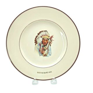 Vintage Souvenir Plate 9 " Mackinac Island Mi Image Of Native American Headdress