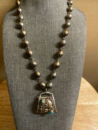 Vintage Old Pawn Nick Silver Beads & Sterling Silver Turquoise Pendant