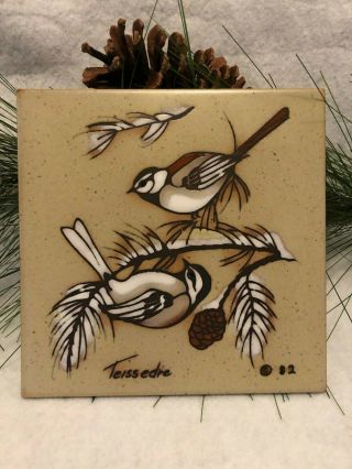 Vintage Teissedre Snow Birds On Pine Tree Limb 6 " X 6 " Trivet/coaster/wall Decor