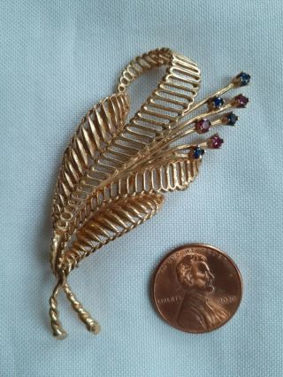 Vintage Gold Tone Leaf Style Brooch With Red & Blue Stones