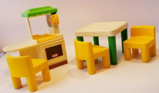 Vintage Little Tikes Dollhouse Furniture - Play Kitchen,  Table,  3 Yellow Chairs
