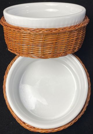 Vintage Set Of 2 White Glazed Ceramic Serving Bowls Rattan Baskets,  6 " X3 "