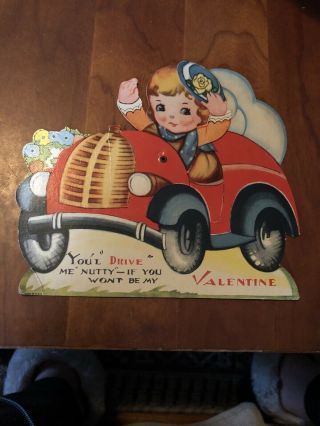 Vintage Die Cut Mechanical Valentine Card Boy In Car