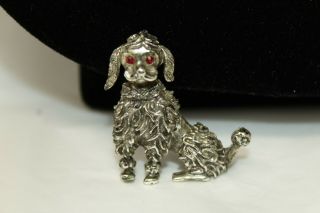 Vintage Silvertone Dog French Poodle Brooch Pin With Red Rhinestone Eyes B