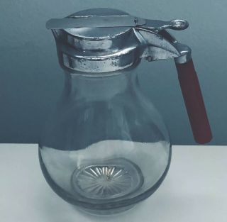 Vtg Maple Syrup Dispenser Red Bakelite Handle Glass Jar 1940 