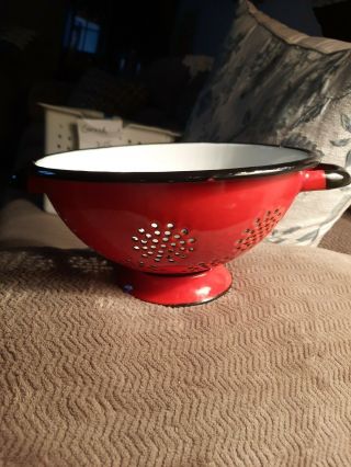 Vintage Steel Porcelain Red And White Colander Strainer