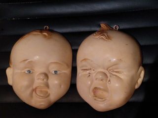Large Vintage Chalkware Plaster Baby Heads Faces Happy And Crying Wall Hanging