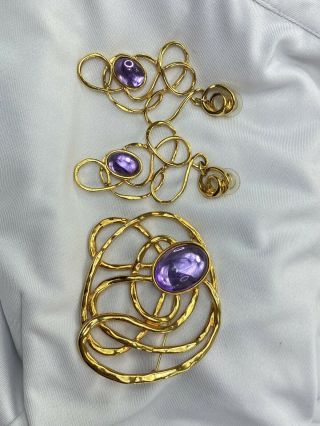 Vintage Large Abstract Gold Tone Brooch And Earring Set With Purple Cabochon