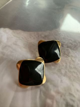 Vintage Trifari Art Deco Style Gold Tone Black Enamel Pierced Earrings