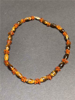 Vintage Tiger Eye Bead And Amber Nugget Bead Necklace
