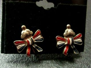 Vintage British United Kingdom Crown Red White Blue Ribbon Bow Screwbk Earrings