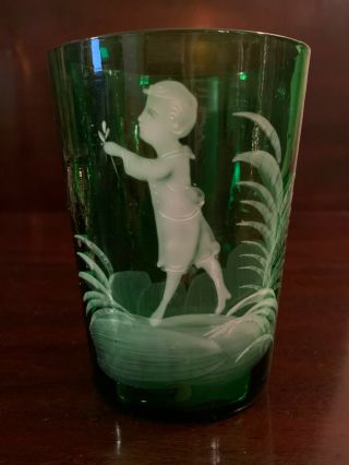 Antique Vintage Green Glass Tumbler Hand - Painted Mary Gregory