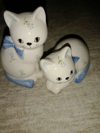 Vintage Otagiri Japan Hand Crafted Ceramic Blue Cat Floral Salt Pepper Shakers X