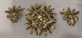 Vintage Amber Rhinestone Pin,  Brooch And Clip On Earring Set 1950s