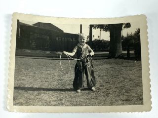 FOUND PHOTO Found Photograph Vintage Cowboy Kid Dressed Lasso Rope 2