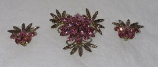 Vintage Pink Rhinestone Pin,  Brooch And Clip On Earring Set 1950s