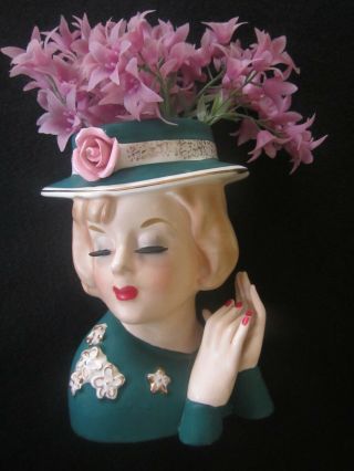 Vintage Lady Head Ceramic Vase Teal With Gold Trim 5 1/2 " Pink Rose