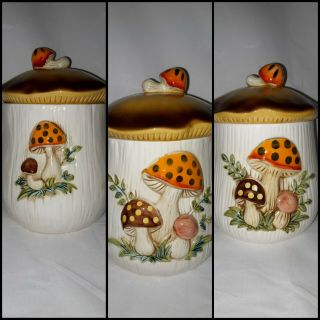 Vintage 3 - Piece Merry Mushroom Canister Set Sears Roebuck And Co.  Made In Japan