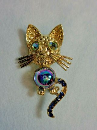 Blue Rhinestone Cat Kitten Pin Brooch Vintage Fun Whimsical Design