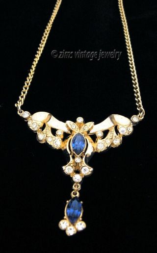 Vintage 1950’s Coro Signed Gold Tone Sapphire Blue Rhinestone Pendant Necklace