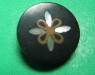 (1) Vintage 3/4 " White Shell Gold Metal Inlay Black Plastic Shank Button (j577)