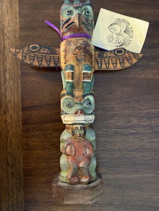 Signed Alaska Black Diamond Totem Pole 10.  5” Tall Bear Mother Hand Made Wood