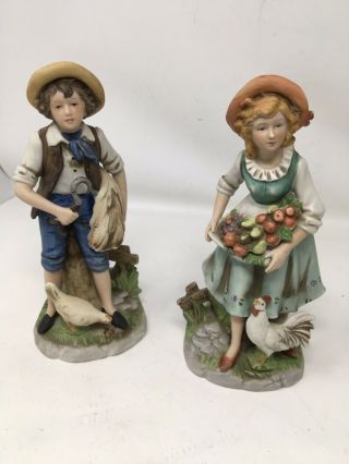 Vintage Homco 8881 Boy W/ Wheat Girl W/ Fruit And Chicken Figurines Porcelain
