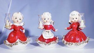 Vintage Set Of 3 Lefton Napco Japan Angels Holding Glass Lantern Spaghetti Trim