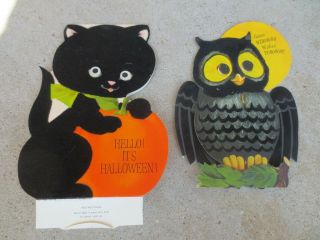 2 Vtg Halloween Greeting Cards Flocked Black Cat Owl Hallmark Standups