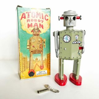 Vintage 1997 Schylling Tan Atomic Robot Man Wind - Up Tin Toy