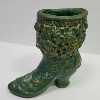 Ceramic Victorian Shoe Boot Planter Vase Green Gold Accents Vintage Pencil Holde