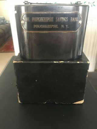 Poughkeepsie Ny - 1930s Souvenir Coin Bank - Metal Change Piggy Savings Bank W/ Box