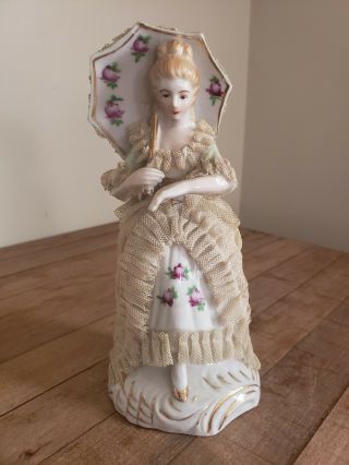 Vintage Porcelain Figurine Lady With Dresden Lace Umbrella