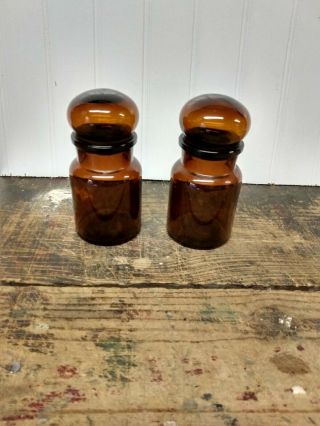 2 Vintage Amber Glass Apothecary Jars Bubble Lid Made In Belgium Small ( (2avail)