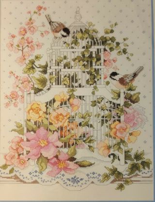 Vintage Bucilla Counted Cross Stitch Kit Blossoming Bird Cage 1990