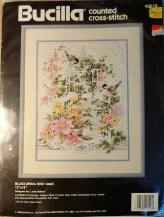 Vintage Bucilla Counted Cross Stitch Kit Blossoming Bird Cage 1990 2