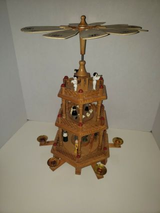 Vintage Wooden Carousel Candle Holder Nativity Windmill Christmas Pyramid 3 Tier