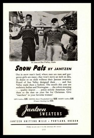 1942 Sun Valley Idaho Snow Ski Resort Snowman Jantzen Caribou Sweaters Print Ad