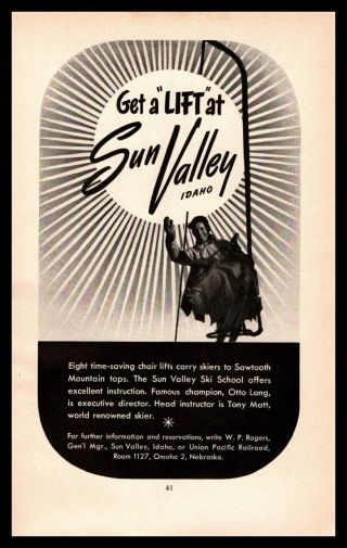 1948 Sun Valley Idaho Ski Resort " Get A Lift " Union Pacific Railroad Print Ad