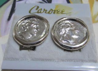 Vintage 80s Carolee Earrings Silver Roman Coin Signed Clip On Nos (silvertone)