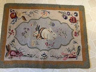 Vintage Hand Hooked Wool Rabbit Floral Rug Country Chic Rectangle 29 " X 38 "