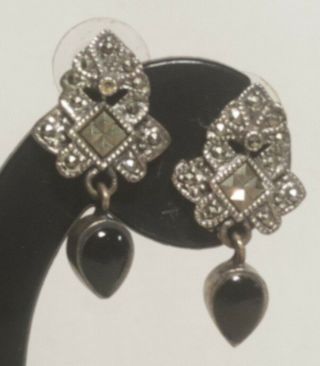 Vintage Sterling Silver 925 Onyx,  Marcasite Stone Dangle Earrings Art Deco Style