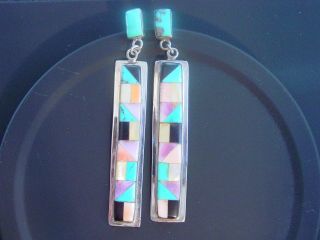 Native American Zuni Vintage Inlay & Sterling Silver Earrings Signed By 