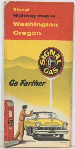 1956 Signal Gas Road Map Of Washington And Oregon W/ Sign & Pump