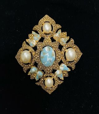 Vintage Sarah Coventry " Remembrance " Brooch Pin Faux Pearl & Turquoise Gold Tone