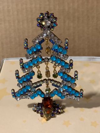 Vintage Czech Blue Rhinestone Christmas Tree Candles Signed Bijoux Mg